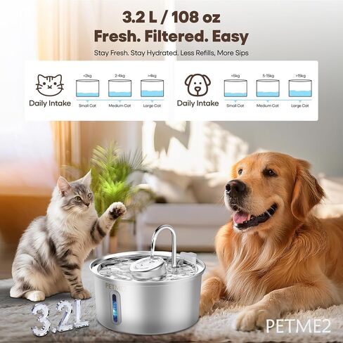 Luxury Smart Pet Fountain 2026 – 3.2L/108oz Stainless Steel Automatic Cat & Dog Water Fountain, Indoor Pet Water Dispenser with LED Light, Quiet Pump, Dual Flow Modes, 4-Layer Filter, Dishwasher Safe in Saudi Arabia