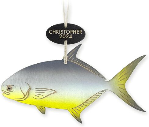 Personalized Pompano Ornament – Hand-Painted Wooden Fish Ornament – Coastal Ocean Christmas Tree Decor – Custom Name & Year Gift – Handmade in USA in Saudi Arabia