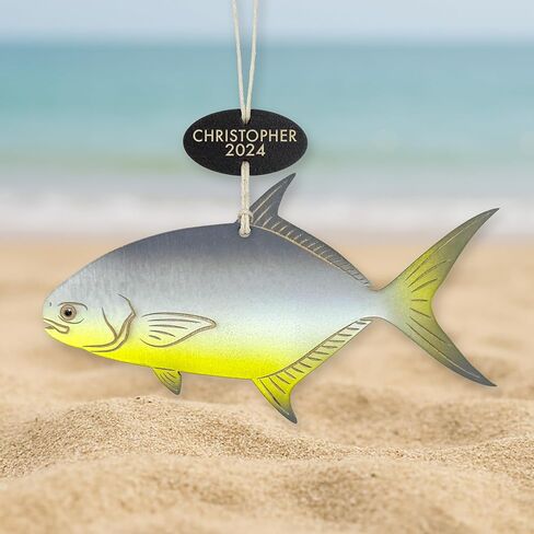 Personalized Pompano Ornament – Hand-Painted Wooden Fish Ornament – Coastal Ocean Christmas Tree Decor – Custom Name & Year Gift – Handmade in USA in Saudi Arabia