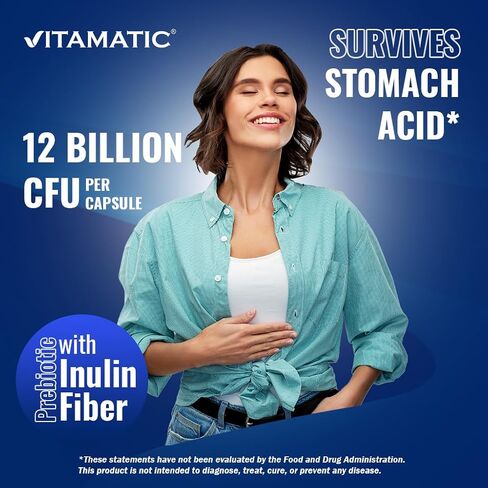 Vitamatic Lactobacillus Gasseri - 12 مليار لكل كبسولة DR - 60 عددًا - دعم الجهاز الهضمي - مصنوع من ألياف الإنولين البريبايوتيك in Saudi Arabia