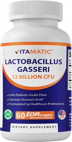 Vitamatic Lactobacillus Gasseri - 12 مليار لكل كبسولة DR - 60 عددًا - دعم الجهاز الهضمي - مصنوع من ألياف الإنولين البريبايوتيك in Saudi Arabia
