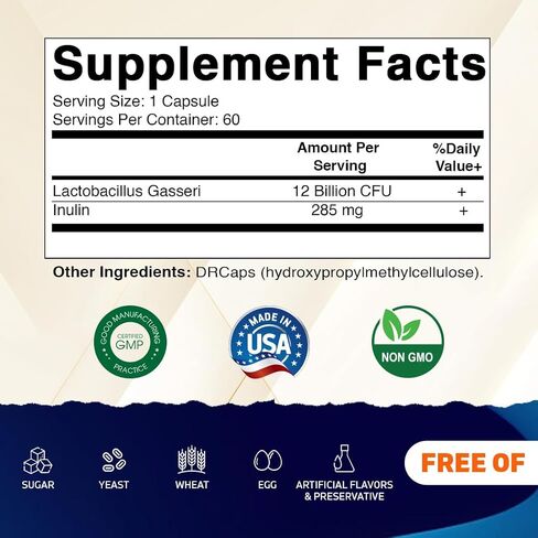 Vitamatic Lactobacillus Gasseri - 12 مليار لكل كبسولة DR - 60 عددًا - دعم الجهاز الهضمي - مصنوع من ألياف الإنولين البريبايوتيك in Saudi Arabia