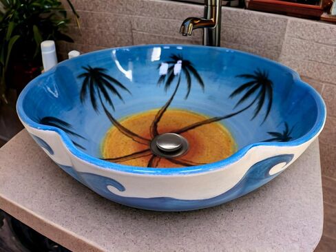 Palm Trees & Flower Shaped Bathroom Sink, Curvy Edge, Ceramic Countertop Basin, Vessel Sink, Wash Bowl, Bathroom Remodeling, Nautical Decor in Saudi Arabia