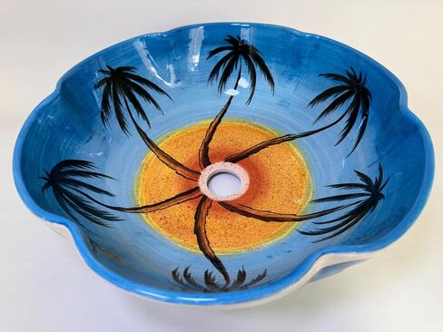 Palm Trees & Flower Shaped Bathroom Sink, Curvy Edge, Ceramic Countertop Basin, Vessel Sink, Wash Bowl, Bathroom Remodeling, Nautical Decor in Saudi Arabia