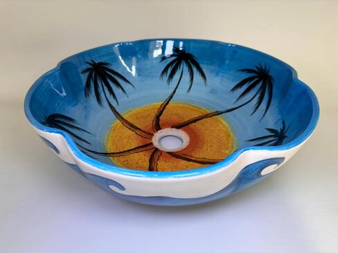 Palm Trees & Flower Shaped Bathroom Sink, Curvy Edge, Ceramic Countertop Basin, Vessel Sink, Wash Bowl, Bathroom Remodeling, Nautical Decor in Saudi Arabia
