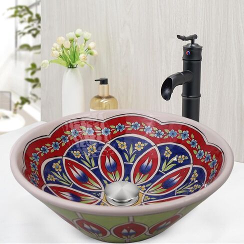 Bathroom Ceramic Green & Red Floral Basin, Kitchen Vessel Sink, Countertop Basin, Bathroom Remodeling, Artisan Wash Bowl, Bath Vanity Sink in Saudi Arabia