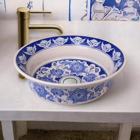 Bathroom Blue Vessel Sink Basin, Kitchen Vessel Sink, Countertop Floral Basin, Bathroom Remodel, Artisan Wash Bowl, Guest Bath Vanity Sink in Saudi Arabia