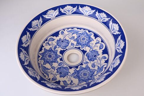 Bathroom Blue Vessel Sink Basin, Kitchen Vessel Sink, Countertop Floral Basin, Bathroom Remodel, Artisan Wash Bowl, Guest Bath Vanity Sink in Saudi Arabia