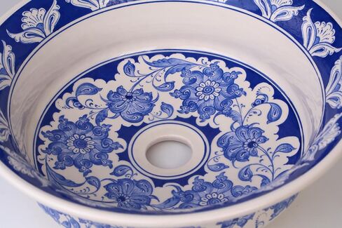 Bathroom Blue Vessel Sink Basin, Kitchen Vessel Sink, Countertop Floral Basin, Bathroom Remodel, Artisan Wash Bowl, Guest Bath Vanity Sink in Saudi Arabia