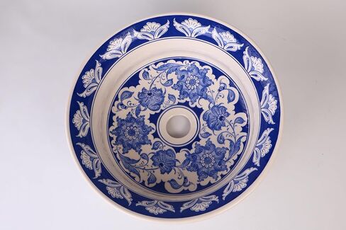Bathroom Blue Vessel Sink Basin, Kitchen Vessel Sink, Countertop Floral Basin, Bathroom Remodel, Artisan Wash Bowl, Guest Bath Vanity Sink in Saudi Arabia