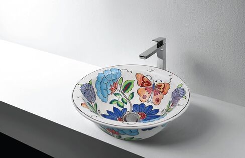 Floral & Butterfly Pattern Vessel Sink, Bathroom Art Washbasin, Mediterranean Ceramic Countertop Basin, Vanity Sink, Bathroom Remodeling in Saudi Arabia