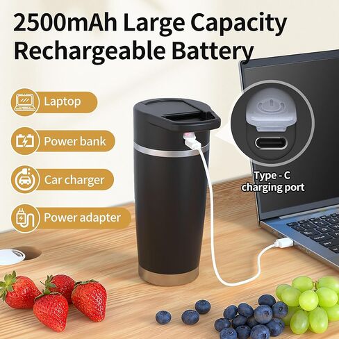 خلاط محمول للعصائر والمخفوقات، كوب معزول لاسلكيًا سعة 24 أونصة، حامل ليكوادورا صغير شخصي مع زجاجة من الفولاذ المقاوم للصدأ، خلاط سفر قابل لإعادة الشحن عبر USB-C، خالٍ من مادة BPA، للعصائر (أسود) in Kuwait