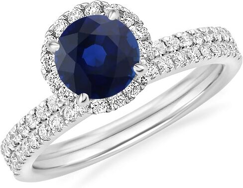 1 Carat Round Cut Blue Sapphire & Diamond Halo Engagement Ring With Matching Wedding Band For Women, 14K White Gold Plated 925 Silver September Birthstone Side Stone Halo Bridal Set in Saudi Arabia