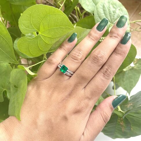 1 Ct. Princess Cut Green Emerald & Diamond Twisted Solitaire With Accent Engagement Bridal Set For Women, 14K Gold Plated 925 Silver May Birthstone Emerald Swirl Bypass Engagement Ring Set in Saudi Arabia