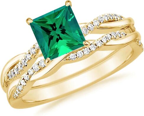 1 Ct. Princess Cut Green Emerald & Diamond Twisted Solitaire With Accent Engagement Bridal Set For Women, 14K Gold Plated 925 Silver May Birthstone Emerald Swirl Bypass Engagement Ring Set in Saudi Arabia