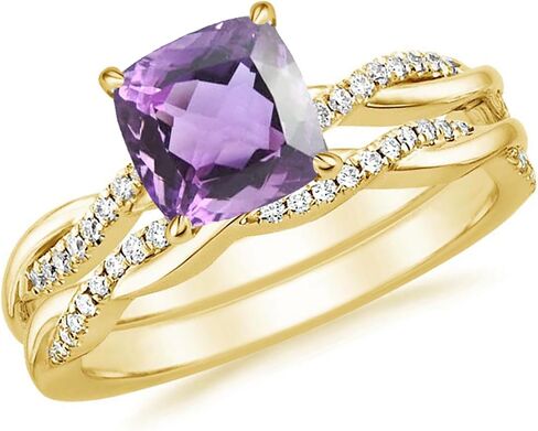 1 Ct. Cushion Cut Amethyst & Diamond Twisted Solitaire With Accent Engagement Bridal Set For Women, 14K Yellow Gold Plated 925 Silver February Birthstone Amethyst Swirl Bypass Engagement Ring Set in Saudi Arabia
