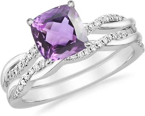 1 Ct. Cushion Cut Amethyst & Diamond Twisted Solitaire With Accent Engagement Bridal Set For Women, 14K Yellow Gold Plated 925 Silver February Birthstone Amethyst Swirl Bypass Engagement Ring Set in Saudi Arabia