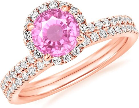 1 Carat Round Cut Pink Sapphire & Diamond Halo Engagement Ring With Matching Wedding Band For Women, 14K Rose Gold Plated 925 Silver September Birthstone Side Stone Halo Bridal Set in Saudi Arabia