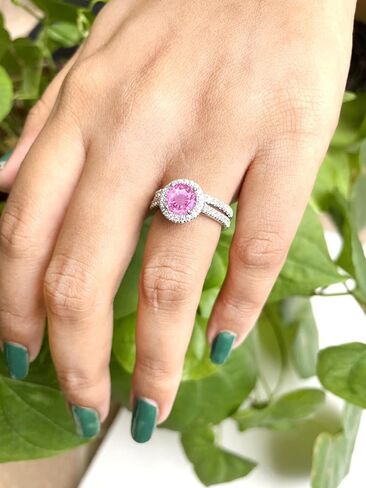 1 Carat Round Cut Pink Sapphire & Diamond Halo Engagement Ring With Matching Wedding Band For Women, 14K Rose Gold Plated 925 Silver September Birthstone Side Stone Halo Bridal Set in Saudi Arabia