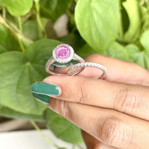 1 Carat Round Cut Pink Sapphire & Diamond Halo Engagement Ring With Matching Wedding Band For Women, 14K Rose Gold Plated 925 Silver September Birthstone Side Stone Halo Bridal Set in Saudi Arabia