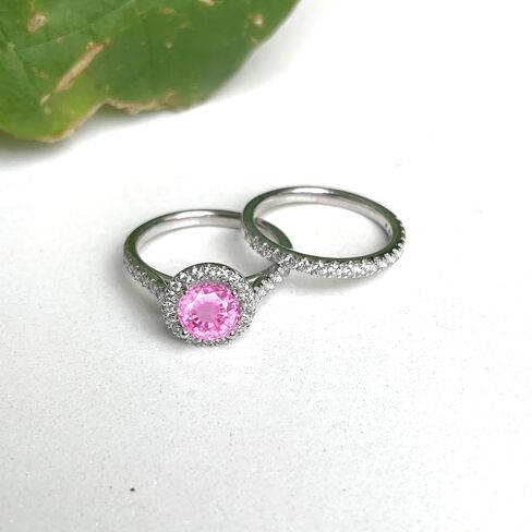 1 Carat Round Cut Pink Sapphire & Diamond Halo Engagement Ring With Matching Wedding Band For Women, 14K Rose Gold Plated 925 Silver September Birthstone Side Stone Halo Bridal Set in Saudi Arabia