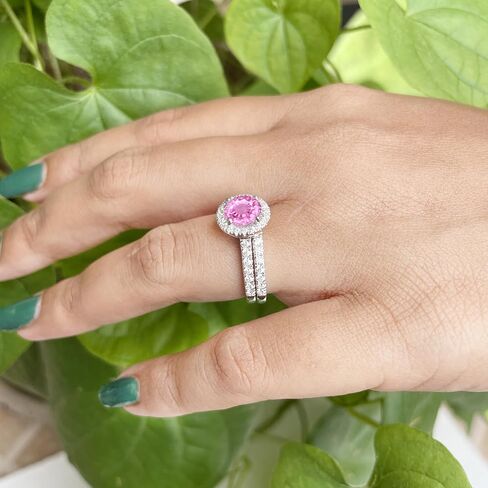 1 Carat Round Cut Pink Sapphire & Diamond Halo Engagement Ring With Matching Wedding Band For Women, 14K Rose Gold Plated 925 Silver September Birthstone Side Stone Halo Bridal Set in Saudi Arabia