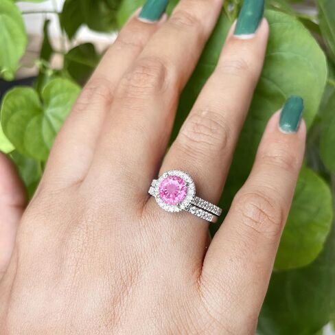 1 Carat Round Cut Pink Sapphire & Diamond Halo Engagement Ring With Matching Wedding Band For Women, 14K Rose Gold Plated 925 Silver September Birthstone Side Stone Halo Bridal Set in Saudi Arabia