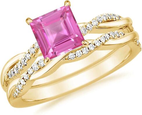 1 Carat Princess Cut Pink Sapphire & Diamond Twisted Solitaire With Accent Engagement Bridal Set For Women, 14K Gold Plated 925 Silver September Birthstone Swirl Bypass Engagement Ring Set in Saudi Arabia
