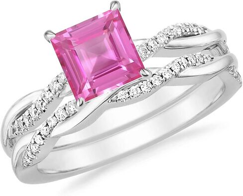1 Carat Princess Cut Pink Sapphire & Diamond Twisted Solitaire With Accent Engagement Bridal Set For Women, 14K Gold Plated 925 Silver September Birthstone Swirl Bypass Engagement Ring Set in Saudi Arabia