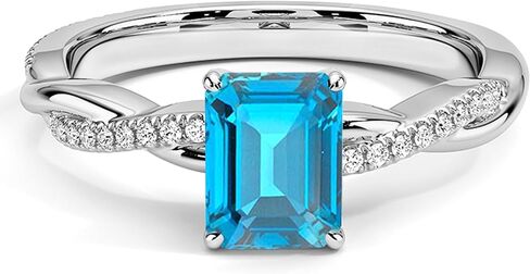 1.00 Carat Emerald Cut Blue Topaz & Diamond Twisted Solitaire With Accent Engagement Ring For Women, 14K Gold Plated 925 Silver December Birthstone Topaz Swirl Bypass Bridal Side Stone Ring in Saudi Arabia