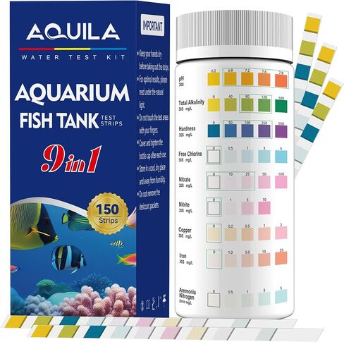 Aquarium Water Test Kit 9-in-1, Aquarium Ammonia Test Strips for Fish Tanks and Ponds, 150 Strips Testing pH Total Alkalinity Hardness Chlorine Nitrite Sulfate Copper Iron for Fresh and Salt Water in Saudi Arabia