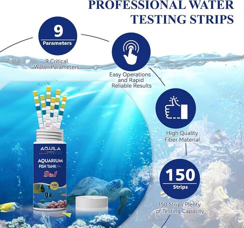 Aquarium Water Test Kit 9-in-1, Aquarium Ammonia Test Strips for Fish Tanks and Ponds, 150 Strips Testing pH Total Alkalinity Hardness Chlorine Nitrite Sulfate Copper Iron for Fresh and Salt Water in Saudi Arabia