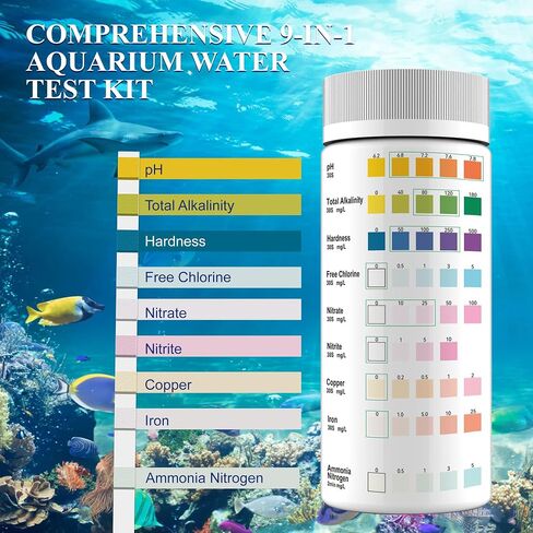 Aquarium Water Test Kit 9-in-1, Aquarium Ammonia Test Strips for Fish Tanks and Ponds, 150 Strips Testing pH Total Alkalinity Hardness Chlorine Nitrite Sulfate Copper Iron for Fresh and Salt Water in Saudi Arabia