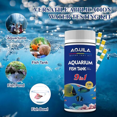Aquarium Water Test Kit 9-in-1, Aquarium Ammonia Test Strips for Fish Tanks and Ponds, 150 Strips Testing pH Total Alkalinity Hardness Chlorine Nitrite Sulfate Copper Iron for Fresh and Salt Water in Saudi Arabia