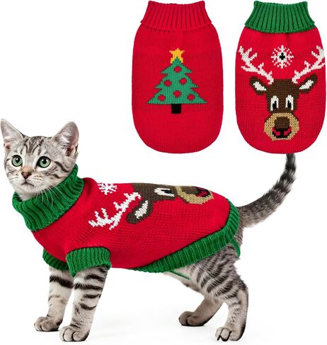 2PCS Puppy Christmas Sweater Cat Turtleneck Knitwear Xmas Elk Outfits Dog Christmas Tree Pattern Warm Clothes Sweater for Kitties Puppies XXS in Saudi Arabia