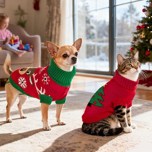 2PCS Puppy Christmas Sweater Cat Turtleneck Knitwear Xmas Elk Outfits Dog Christmas Tree Pattern Warm Clothes Sweater for Kitties Puppies XXS in Saudi Arabia