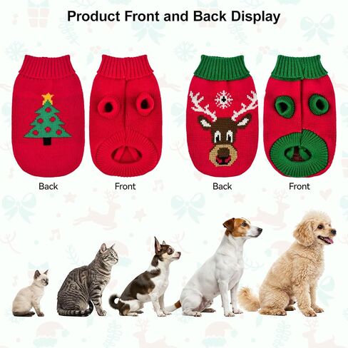 2PCS Puppy Christmas Sweater Cat Turtleneck Knitwear Xmas Elk Outfits Dog Christmas Tree Pattern Warm Clothes Sweater for Kitties Puppies XXS in Saudi Arabia