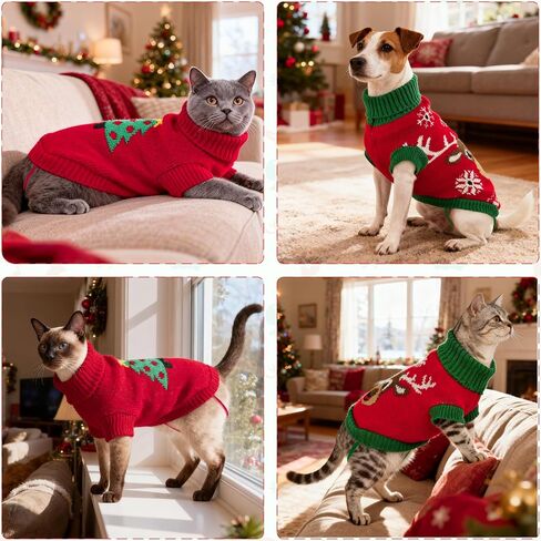 2PCS Puppy Christmas Sweater Cat Turtleneck Knitwear Xmas Elk Outfits Dog Christmas Tree Pattern Warm Clothes Sweater for Kitties Puppies XXS in Saudi Arabia