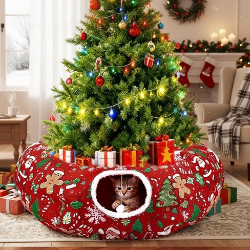 Cat Tunnel Christmas Tree Skirt Cat Donut Tunnel Bed for Indoor Cats with Ball Snowflake Collar Cats Cave for Small Medium Kitten Puppy Under Xmas Trees Decor Gift(Gift Box) in Kuwait