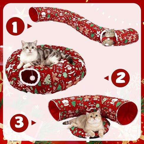 Cat Tunnel Christmas Tree Skirt Cat Donut Tunnel Bed for Indoor Cats with Ball Snowflake Collar Cats Cave for Small Medium Kitten Puppy Under Xmas Trees Decor Gift(Gift Box) in Kuwait