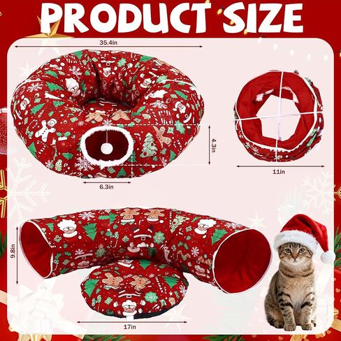 Cat Tunnel Christmas Tree Skirt Cat Donut Tunnel Bed for Indoor Cats with Ball Snowflake Collar Cats Cave for Small Medium Kitten Puppy Under Xmas Trees Decor Gift(Gift Box) in Kuwait