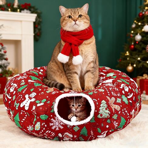 Cat Tunnel Christmas Tree Skirt Cat Donut Tunnel Bed for Indoor Cats with Ball Snowflake Collar Cats Cave for Small Medium Kitten Puppy Under Xmas Trees Decor Gift(Gift Box) in Kuwait