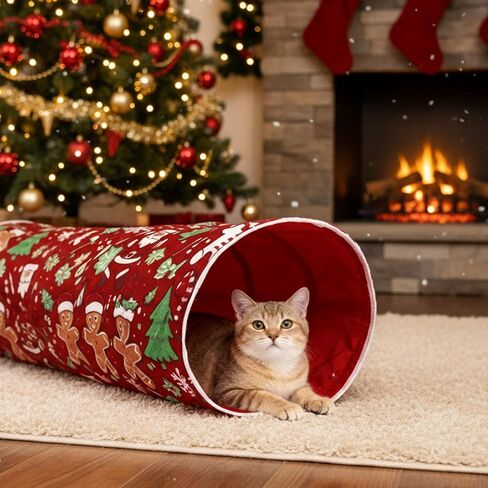 Cat Tunnel Christmas Tree Skirt Cat Donut Tunnel Bed for Indoor Cats with Ball Snowflake Collar Cats Cave for Small Medium Kitten Puppy Under Xmas Trees Decor Gift(Gift Box) in Kuwait