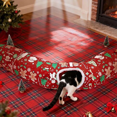 Cat Tunnel Christmas Tree Skirt Cat Donut Tunnel Bed for Indoor Cats with Ball Snowflake Collar Cats Cave for Small Medium Kitten Puppy Under Xmas Trees Decor Gift(Gift Box) in Kuwait