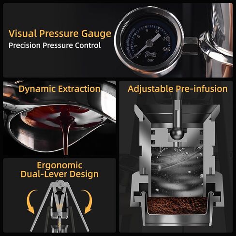 Bincoo Manual Espresso Maker Set - Hand Press Espresso Machine – 12Bar Pressure Profiling, Dual-Lever Manual Coffee Maker with Pre-Infusion, Portable for Custom Espresso Shots, Stainless Steel in Kuwait