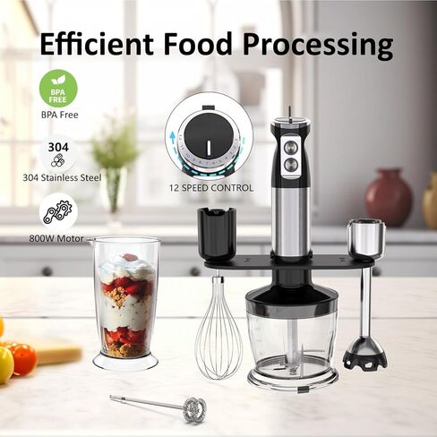 خلاط غمر محمول باليد، 5 في 1 خلاط يدوي كهربائي للمطبخ، خلاط مستحلب يدوي بعصا سلكية مع خفق كوب مفرمة ورغوة الحليب لأغذية الأطفال والعصائر والهريس والحساء والصلصات in Kuwait