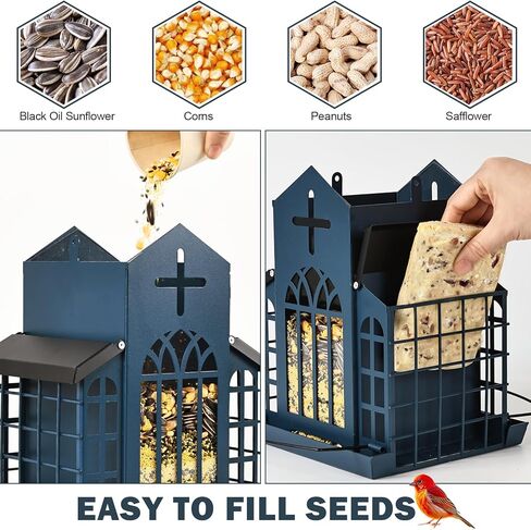 وحدة تغذية الطيور المعلقة المعدنية للكنيسة بوزن 5 رطل للأماكن الخارجية، مغذيات مقاومة للطقس للتعليق الخارجي، مغذيات الطيور الكبيرة رائعة لجذب العصافير ونقار الخشب والمزيد من الطيور البرية - أزرق in Kuwait