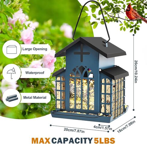 وحدة تغذية الطيور المعلقة المعدنية للكنيسة بوزن 5 رطل للأماكن الخارجية، مغذيات مقاومة للطقس للتعليق الخارجي، مغذيات الطيور الكبيرة رائعة لجذب العصافير ونقار الخشب والمزيد من الطيور البرية - أزرق in Kuwait