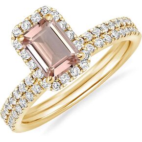 1 Carat Emerald Cut Morganite & Diamond Halo Engagement Ring With Matching Wedding Band For Women, 14K Gold Plated 925 Silver Morganite Side Stone Halo Bridal Set in Saudi Arabia