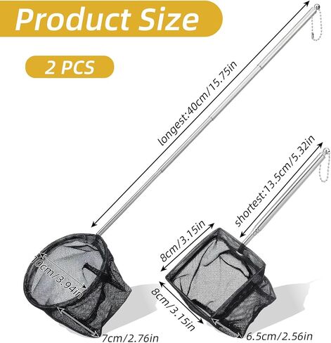 2 Pcs Small Fish Net for Fish Tank, Fishing Tank Net Small with 6-16 Inch Stainless Steel Long Handle Extendable Fine Mesh Aquarium Nets for Fishes Shrimp Pond Creek, 3In 4In in Kuwait